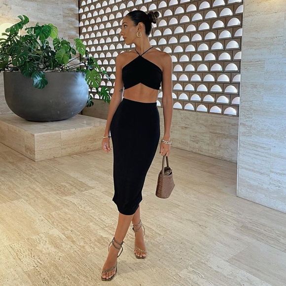 Selena Two-Piece Set | Ruched Halter Crop Top & Midi Skirt Black - Picture 2 of 5